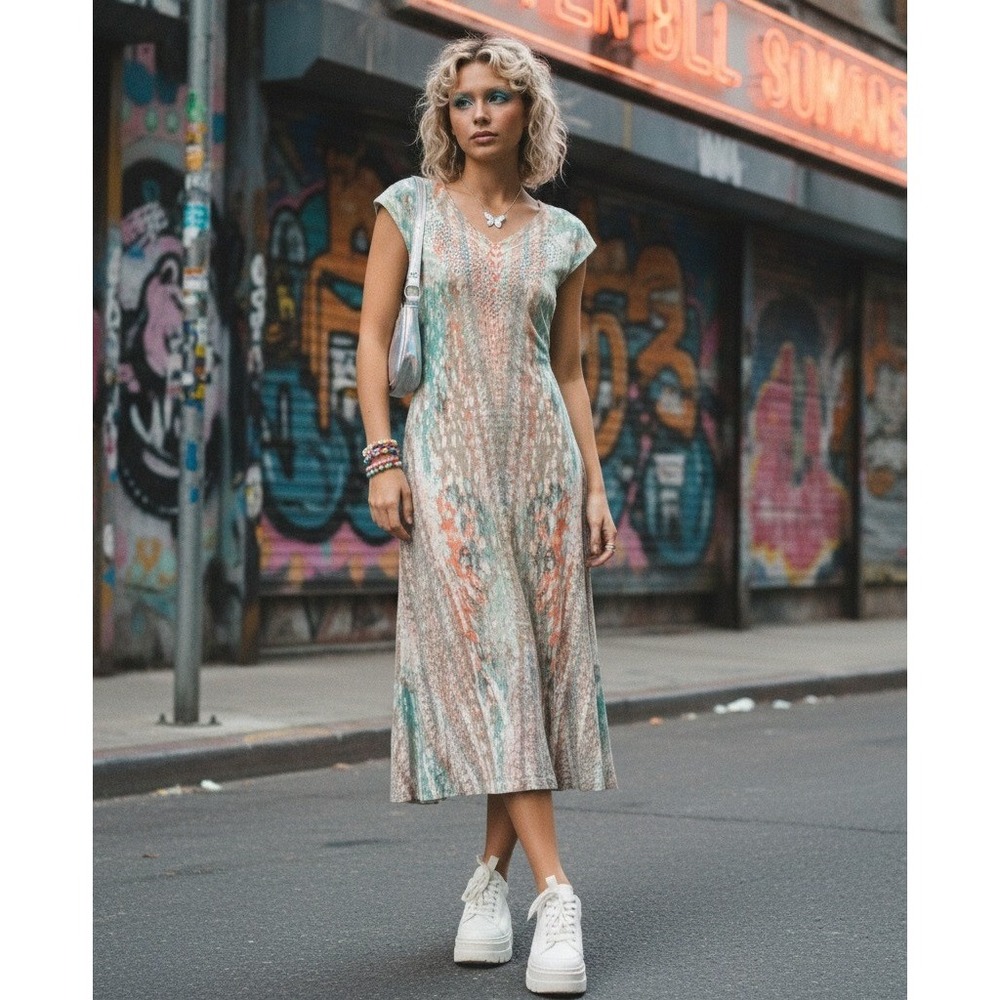 Vintage 90's Y2K‎ Reba Midi Dress Womens Large Rhinestone V-Neck Green Peach